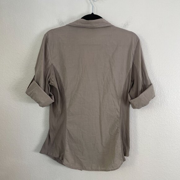 James Perse 4 Womens XL Button Up Side Panel Shirt 100% Pima Cotton Tan Blouse - Picture 9 of 9